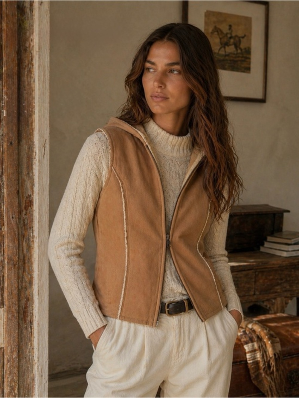 Ralph Lauren Tan Hooded Suede-Look Vest Size M